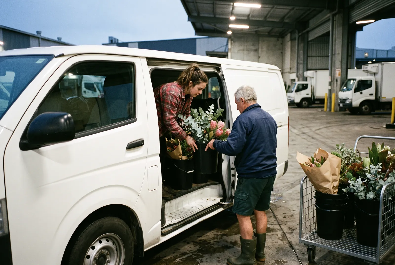A florist in a flannel shirt passes a bucket of eucalyptus and proteas from a van to an older colleague at the market loading dock at dawn