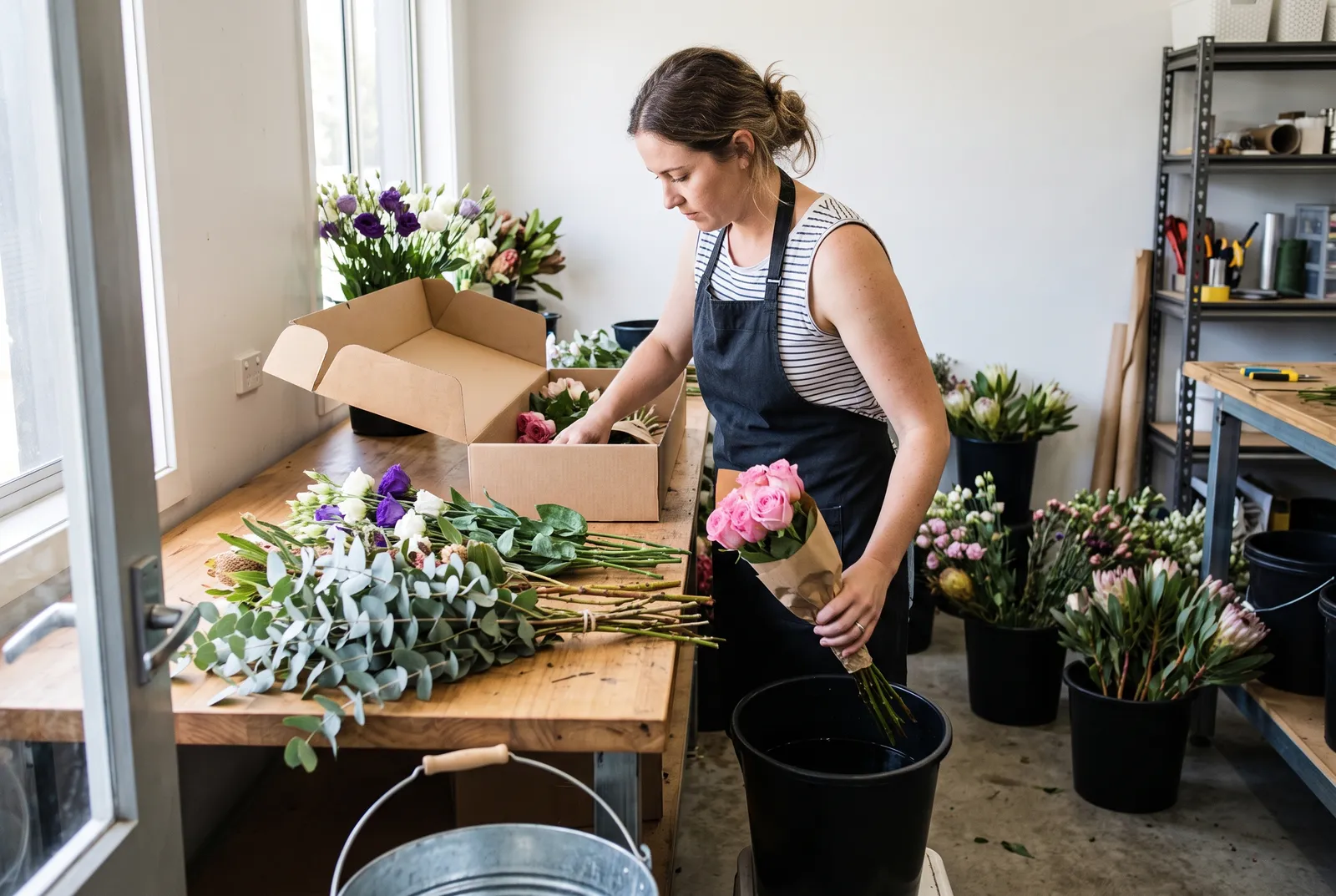A florist unpacking a wholesale delivery at her studio bench, with eucalyptus, lisianthus and wrapped pink roses going into buckets