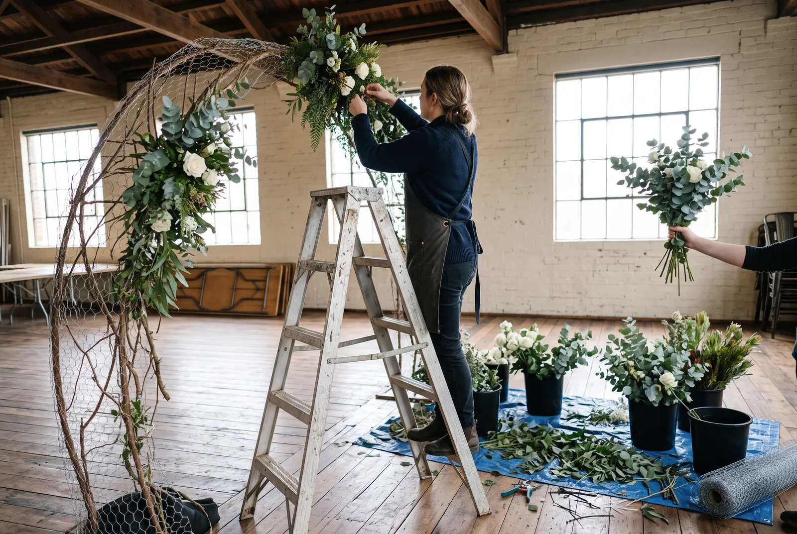 A florist on a stepladder wiring eucalyptus and white roses onto a wedding arch in an empty warehouse venue, buckets of greenery on a tarp below