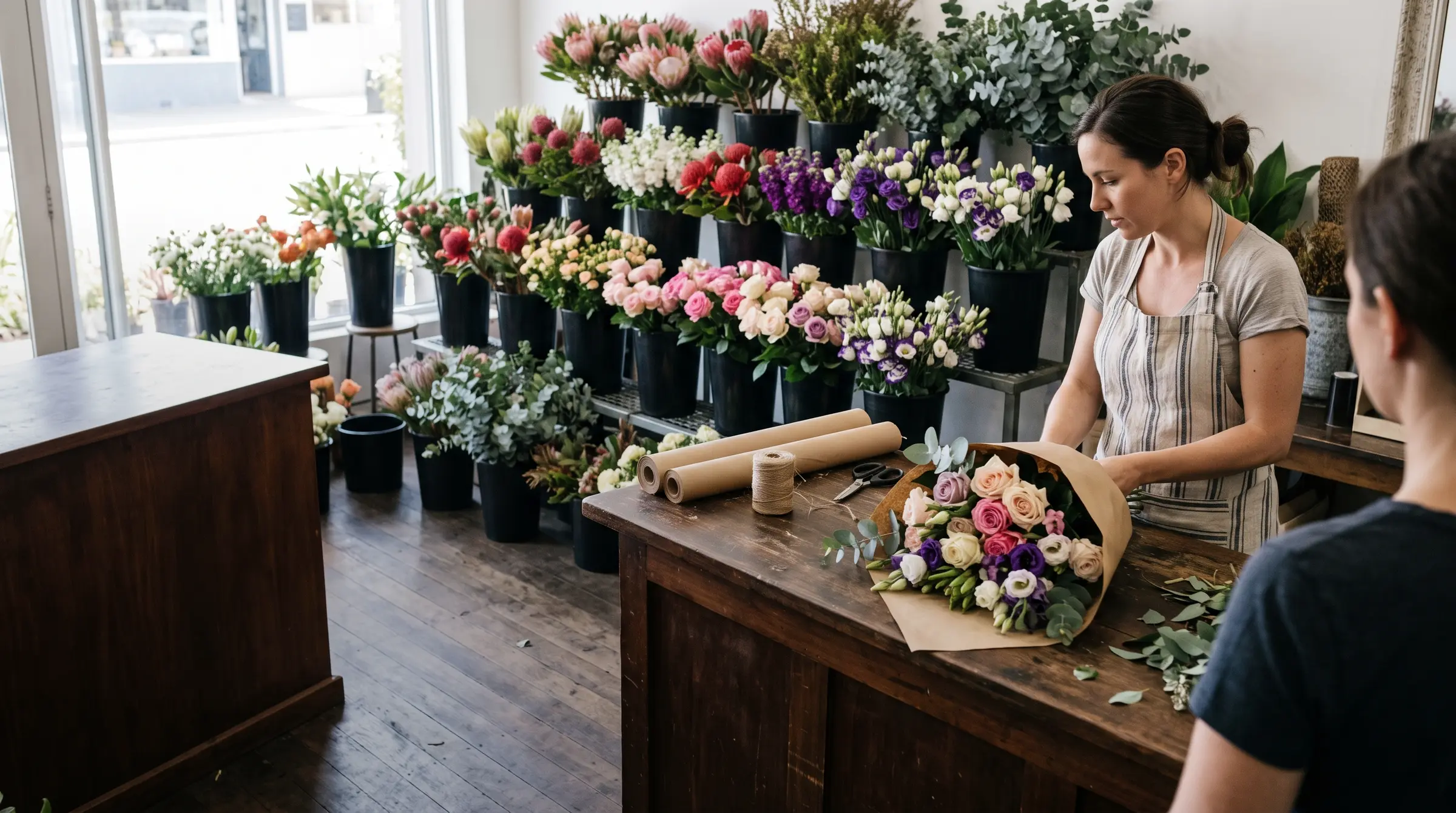 A florist wrapping a bunch of roses, lisianthus and eucalyptus in kraft paper for a customer at the shop counter, buckets of fresh stock behind her