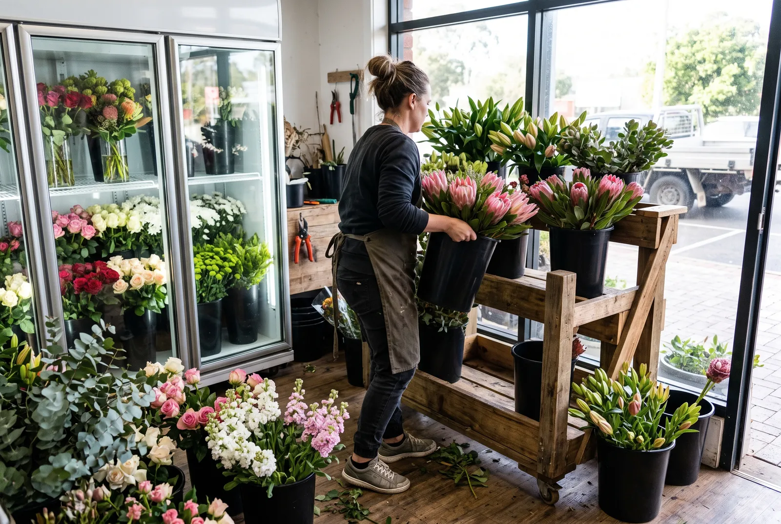 A florist lifting potted proteas onto a wooden stand by the shop window, fridges of fresh stock behind her