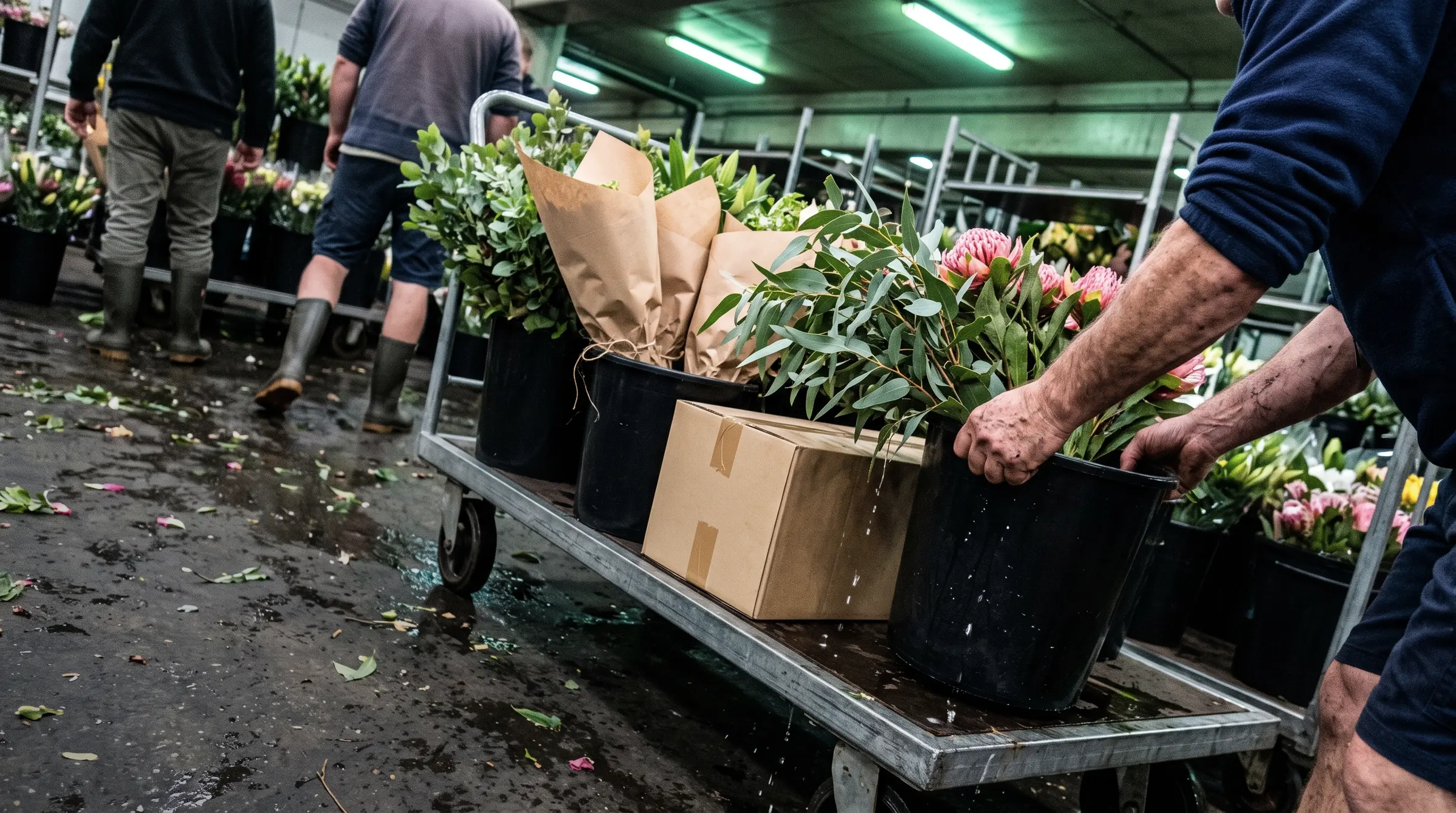 A florist dragging a bucket of stems onto a loaded trolley on the wholesale market floor before dawn