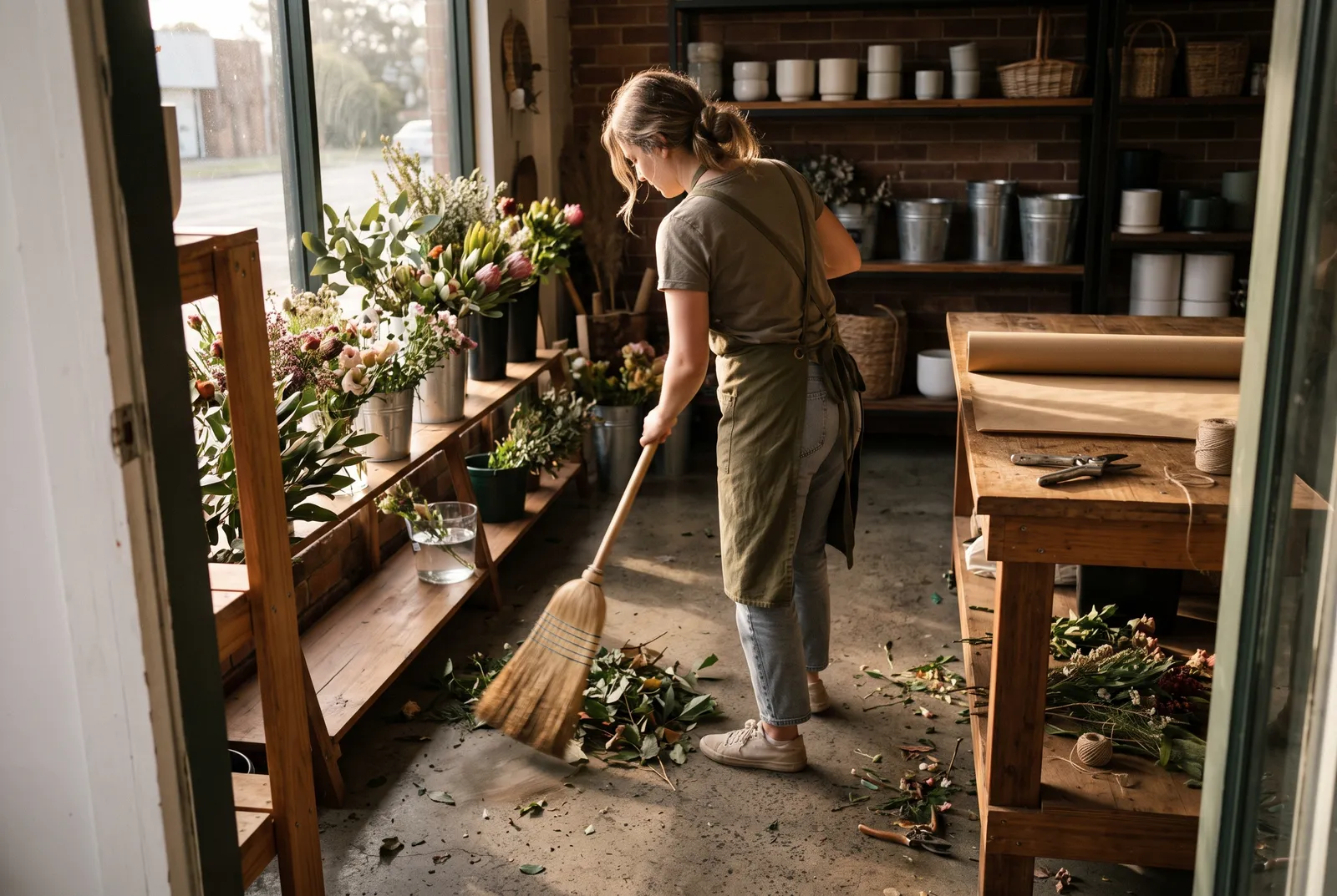 A florist sweeps leaves and stems off the floor of her shop in late-afternoon light, the bench cleared except for a roll of paper and secateurs