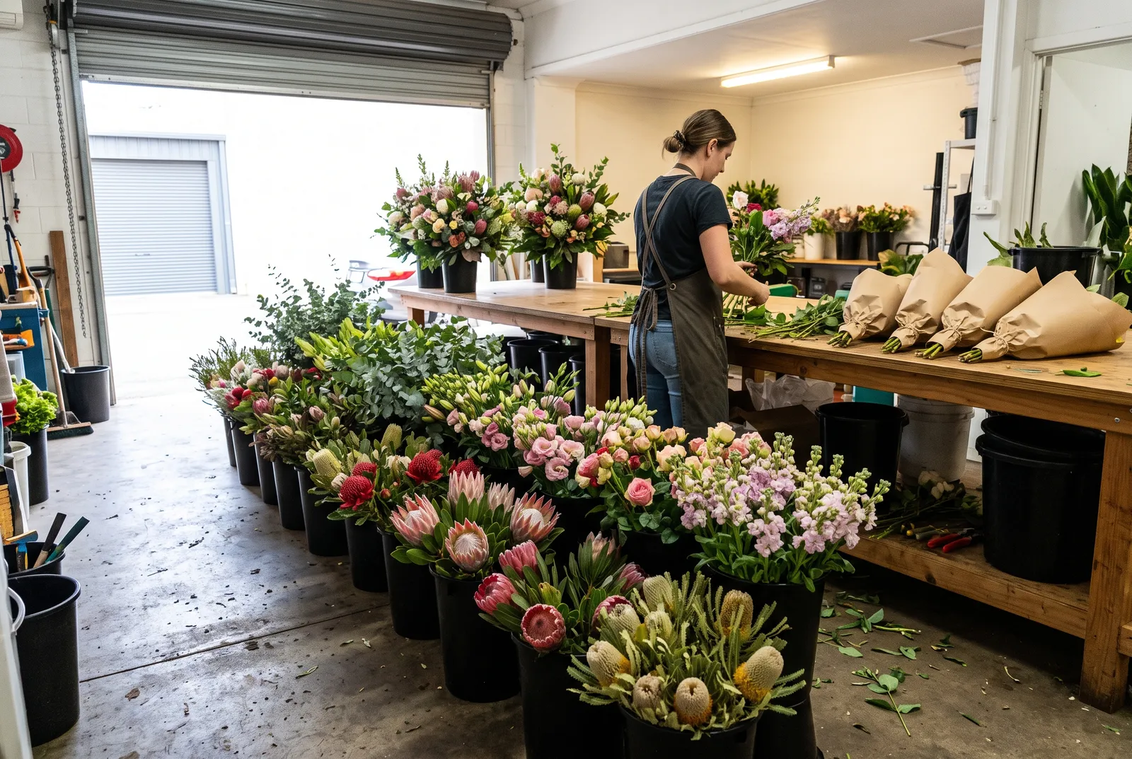A busy florist studio in the morning: buckets of fresh stock along the floor, finished arrangements on the bench and wrapped bunches ready to go out