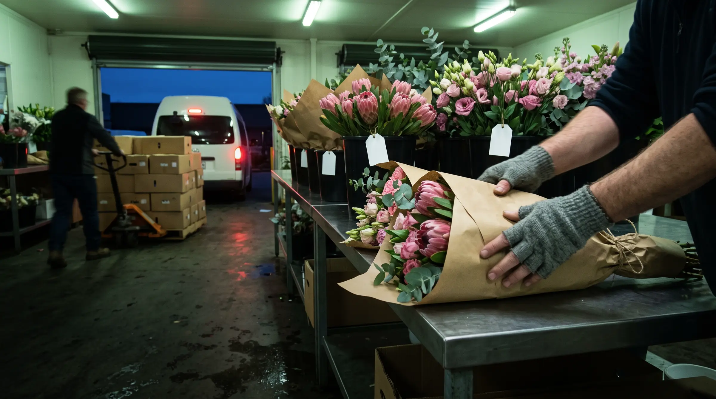 A wholesaler working through buckets of stems on the market floor, getting florists' orders ready