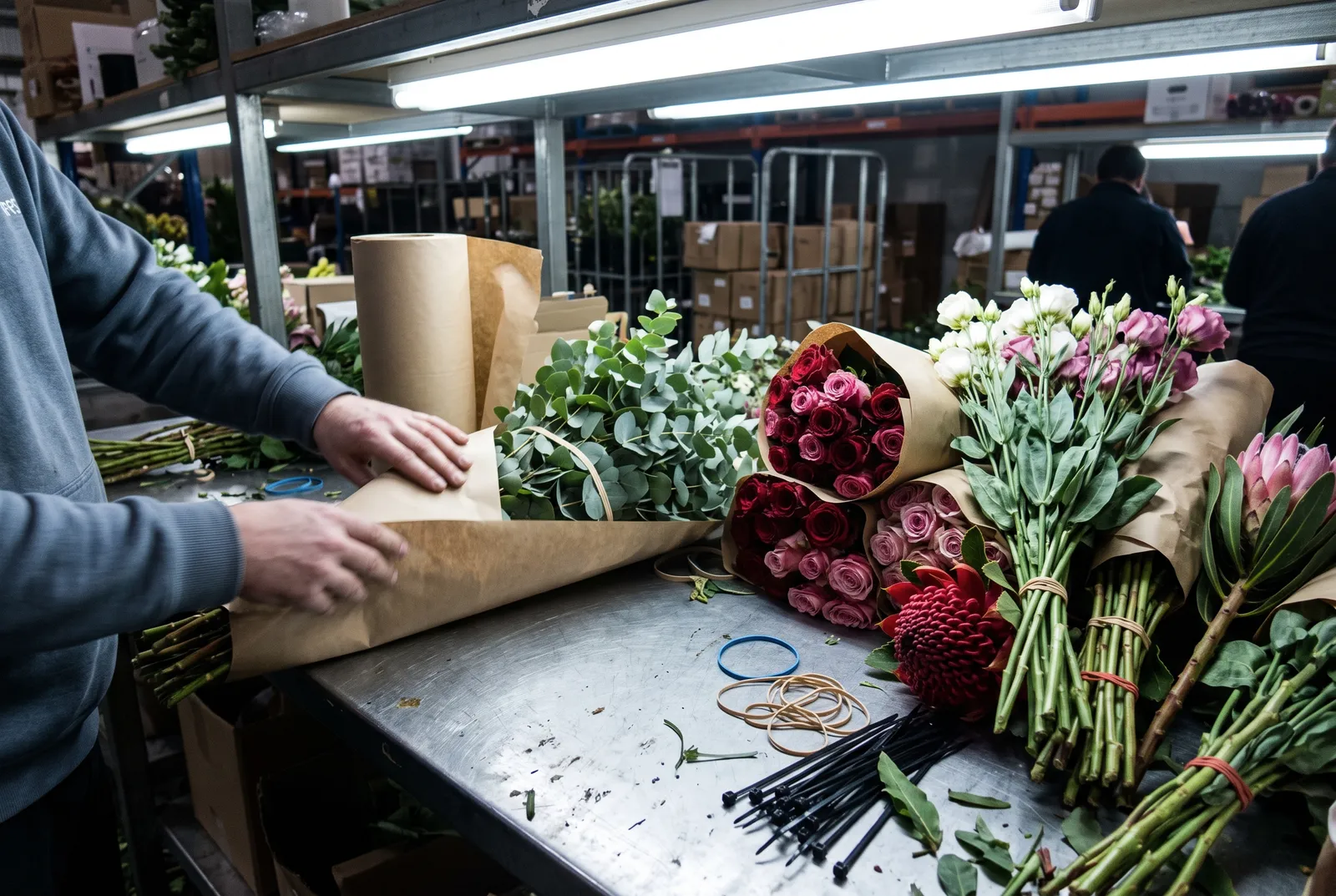 Wholesale staff packing wrapped bunches of fresh stems into boxes for florists' orders