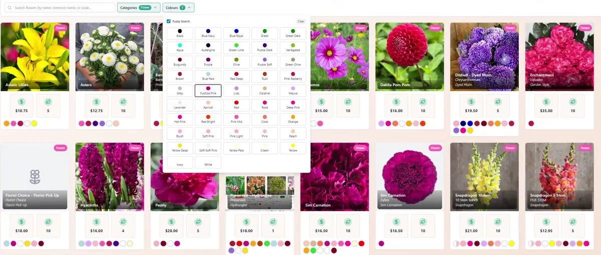 The StemCounts flower library filtered to Fuchsia Pink, with the colour palette open beside cards for lilies, dahlias, peonies, carnations and snapdragons showing price and bunch size