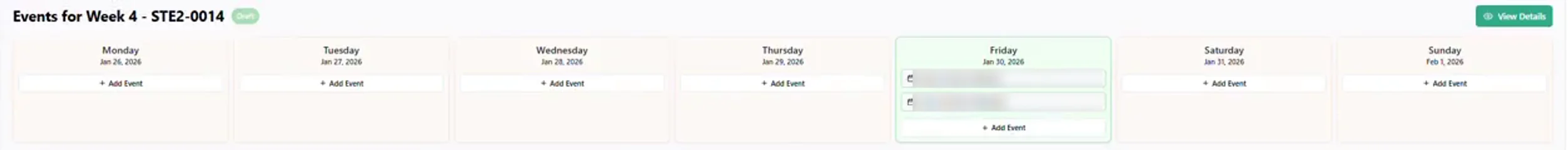 The StemCounts planner's Events for Week row: Monday to Sunday, with two events booked on Friday and Add Event on every other day