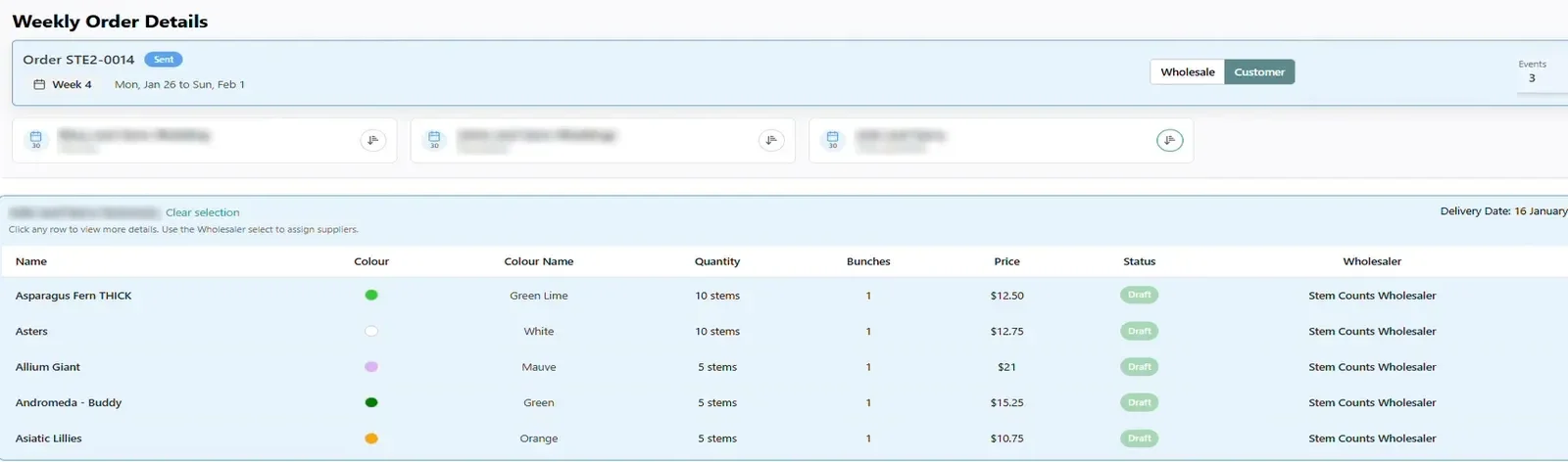 A sent weekly order in StemCounts holding three events, with one event's flowers listed by colour, stems, bunches, price, status and wholesaler, and its delivery date
